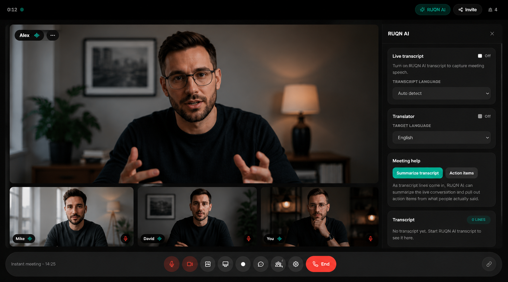 RUQN Meet video call with live AI transcript and action items